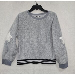 Roudelain Women Sz L Gray Star Patch Elbows Fuzzy Sweater Pajama Long Sleeve Top